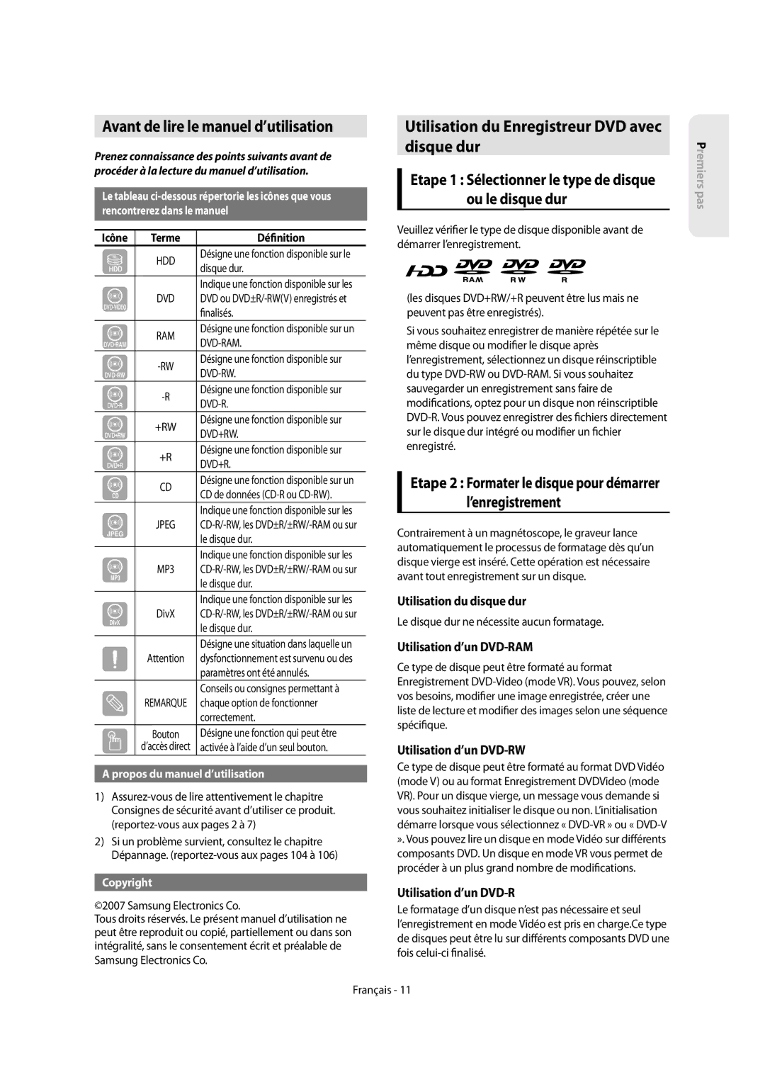 Samsung DVD-SH853/XEF manual Avant de lire le manuel d’utilisation, Utilisation du Enregistreur DVD avec Disque dur 