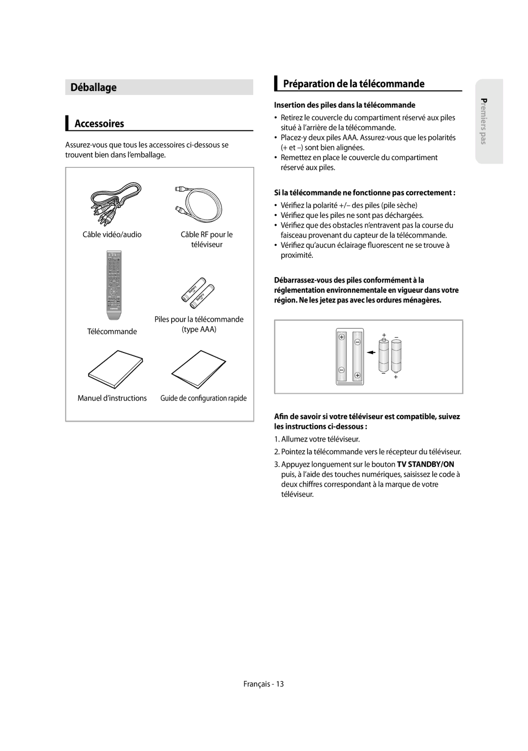 Samsung DVD-SH853/XEF Déballage, Accessoires, Préparation de la télécommande, Insertion des piles dans la télécommande 