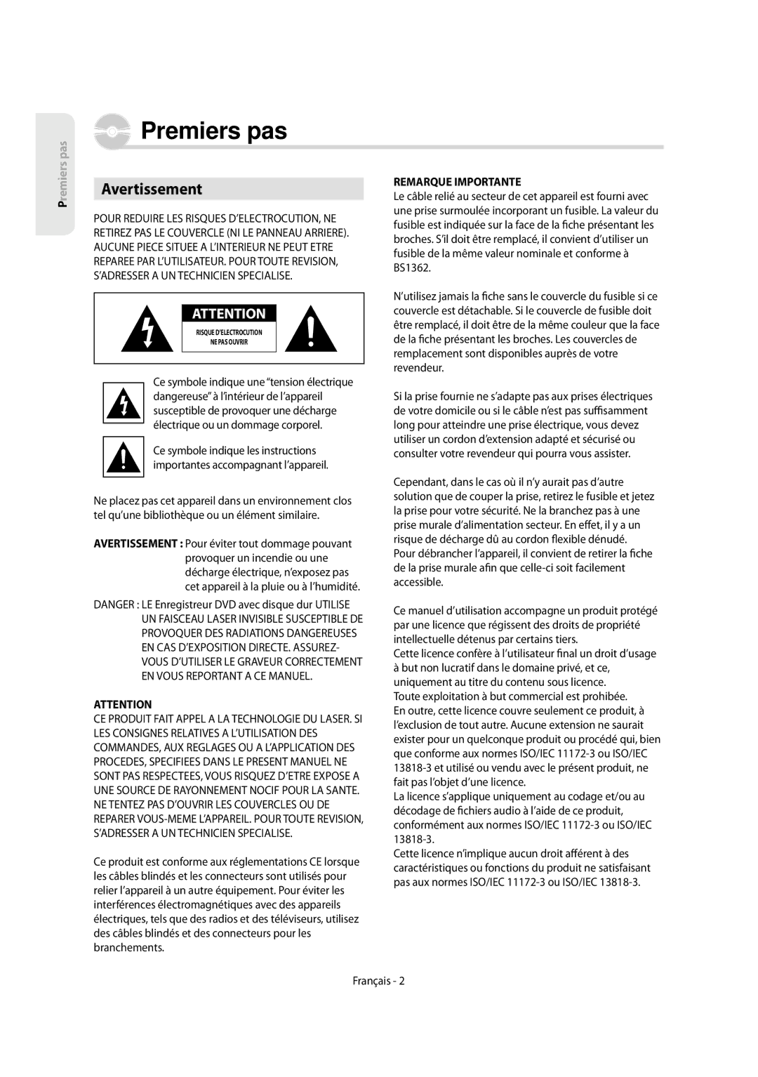 Samsung DVD-SH854/XEF, DVD-SH853/XEF Avertissement, Cette licence confère à l’utilisateur nal un droit d’usage, Français 