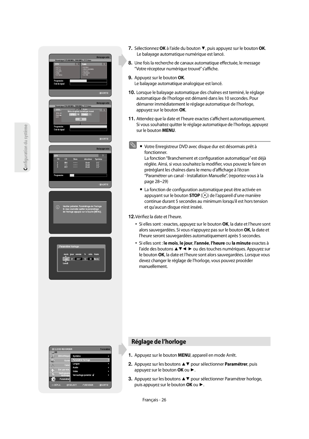 Samsung DVD-SH854/XEF, DVD-SH853/XEF manual Réglage de l’horloge, 12.Véri ez la date et l’heure 