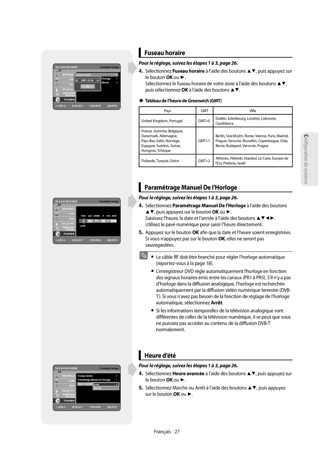 Samsung DVD-SH853/XEF, DVD-SH854/XEF manual Fuseau horaire, Paramétrage Manuel De IHorloge, Heure d’été 