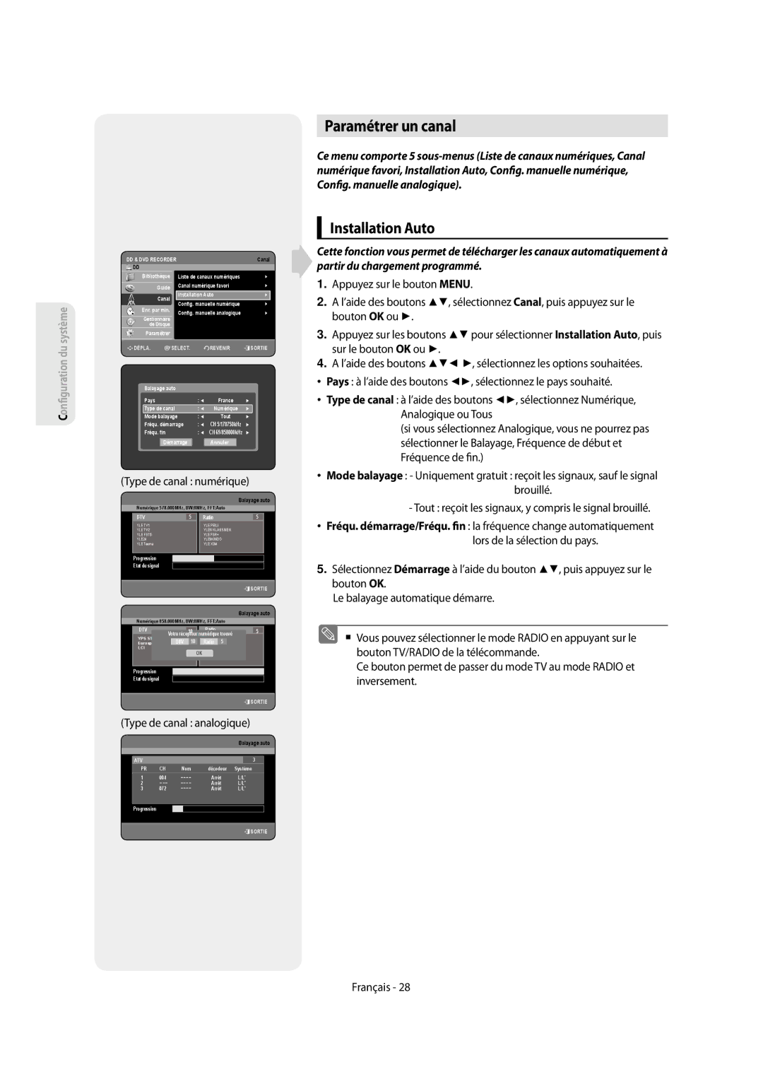 Samsung DVD-SH854/XEF, DVD-SH853/XEF manual Paramétrer un canal, Installation Auto 