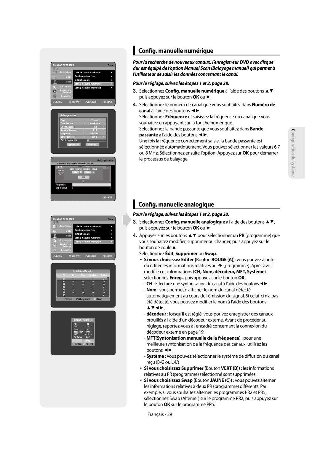 Samsung DVD-SH853/XEF Con g. manuelle numérique, Con g. manuelle analogique, Pour le réglage, suivez les étapes 1 et 2 