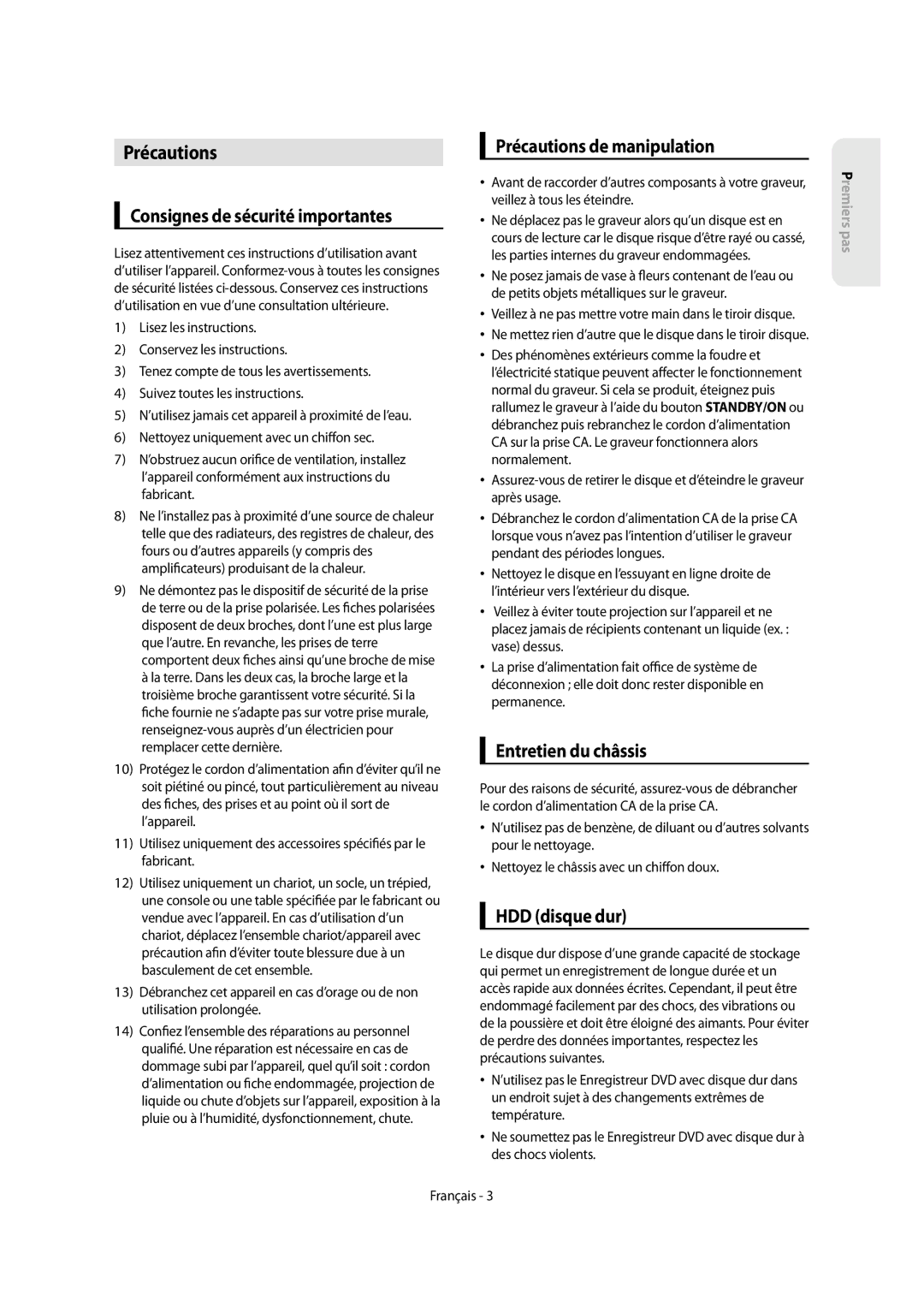 Samsung DVD-SH853/XEF manual Consignes de sécurité importantes, Précautions de manipulation, Entretien du châssis 