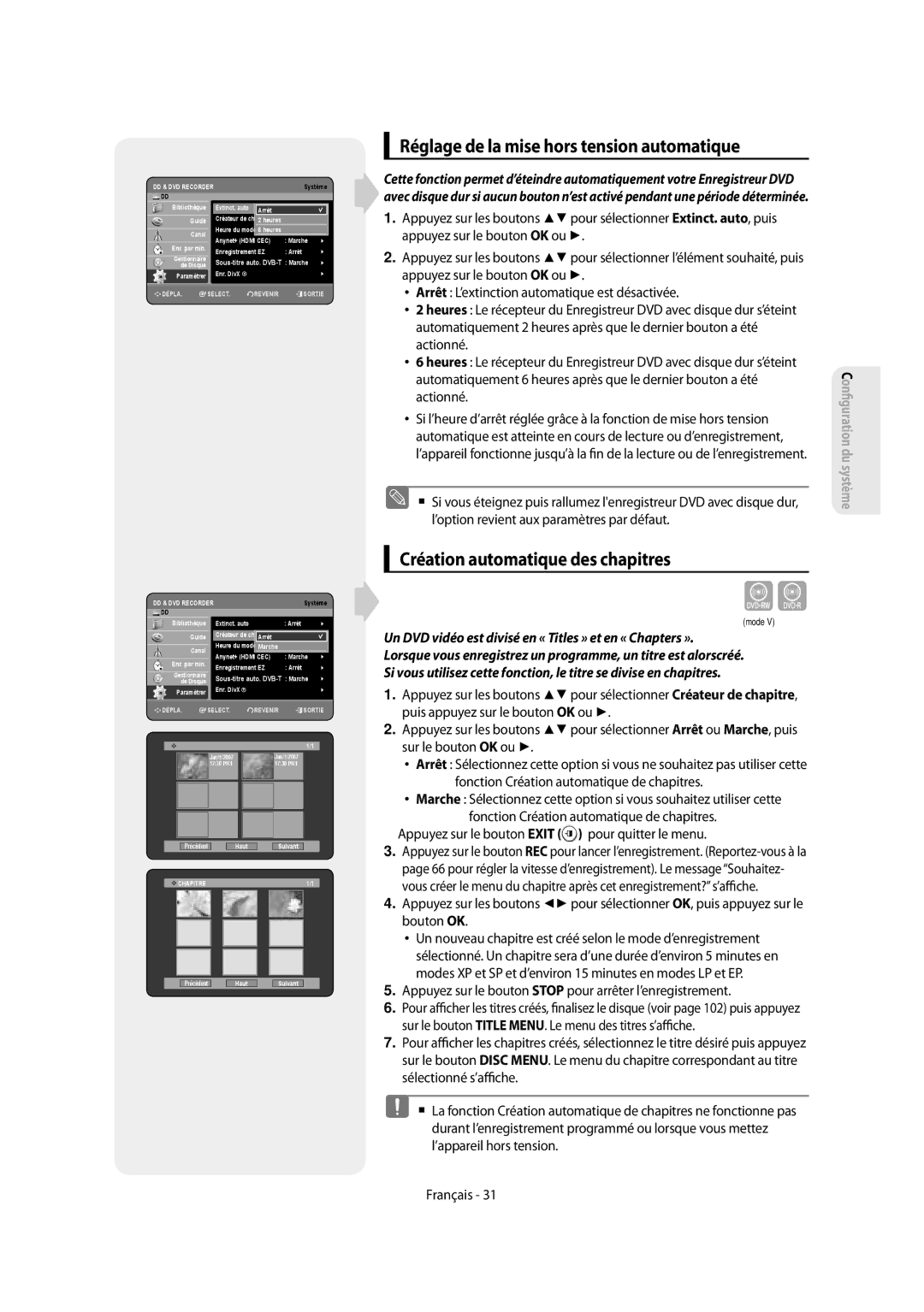 Samsung DVD-SH853/XEF, DVD-SH854/XEF manual Réglage de la mise hors tension automatique, Création automatique des chapitres 