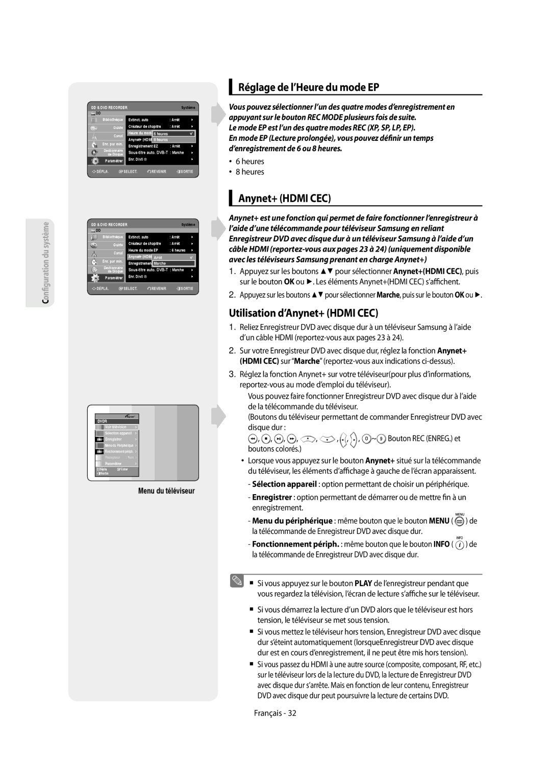 Samsung DVD-SH854/XEF, DVD-SH853/XEF manual Réglage de l’Heure du mode EP, Utilisation d’Anynet+ Hdmi CEC, Heures 