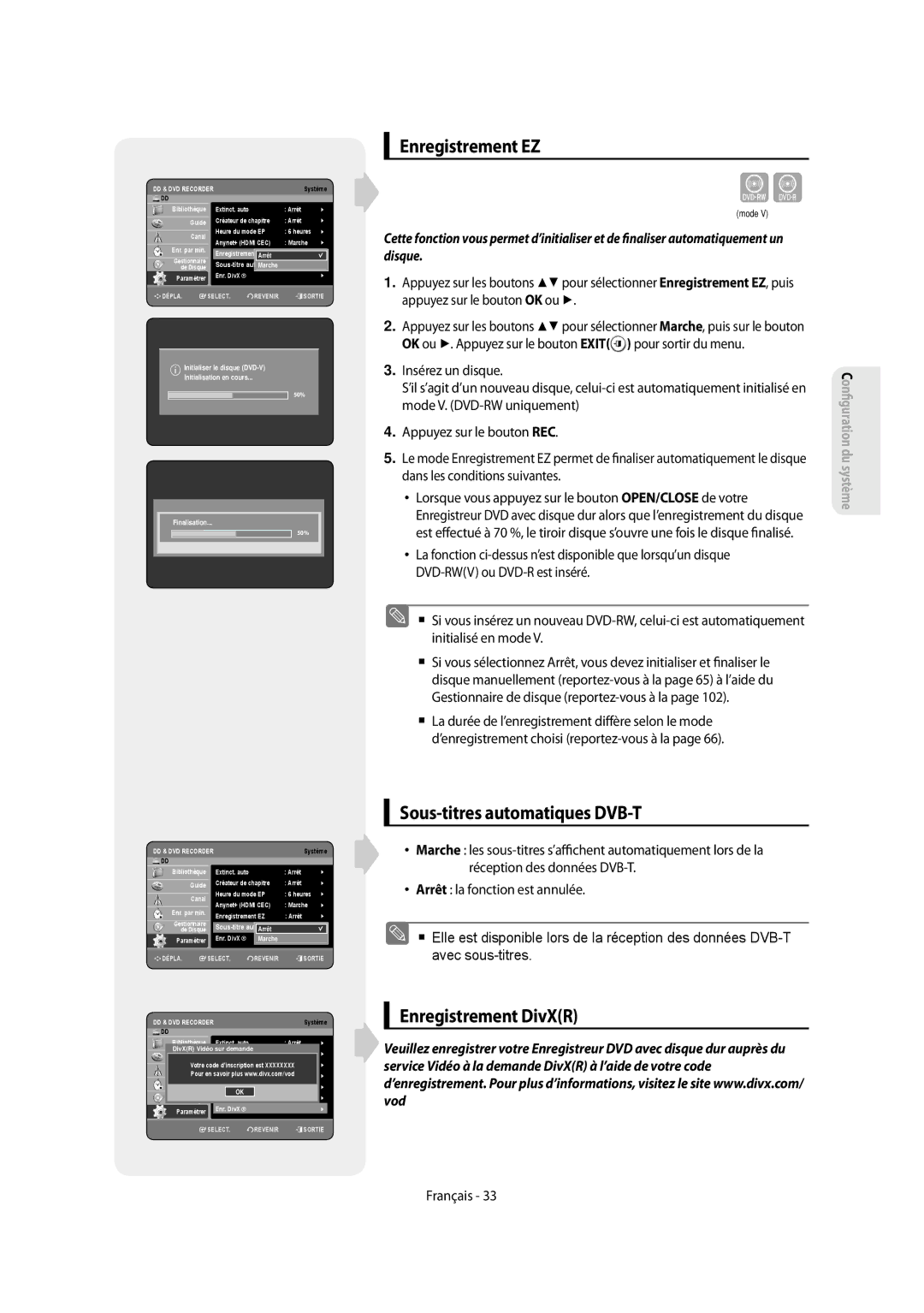 Samsung DVD-SH853/XEF, DVD-SH854/XEF manual Enregistrement EZ, Sous-titres automatiques DVB-T, Enregistrement DivXR 