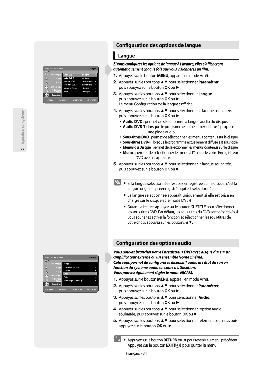 Samsung DVD-SH854/XEF, DVD-SH853/XEF manual Con guration des options de langue, Con guration des options audio, Langue 