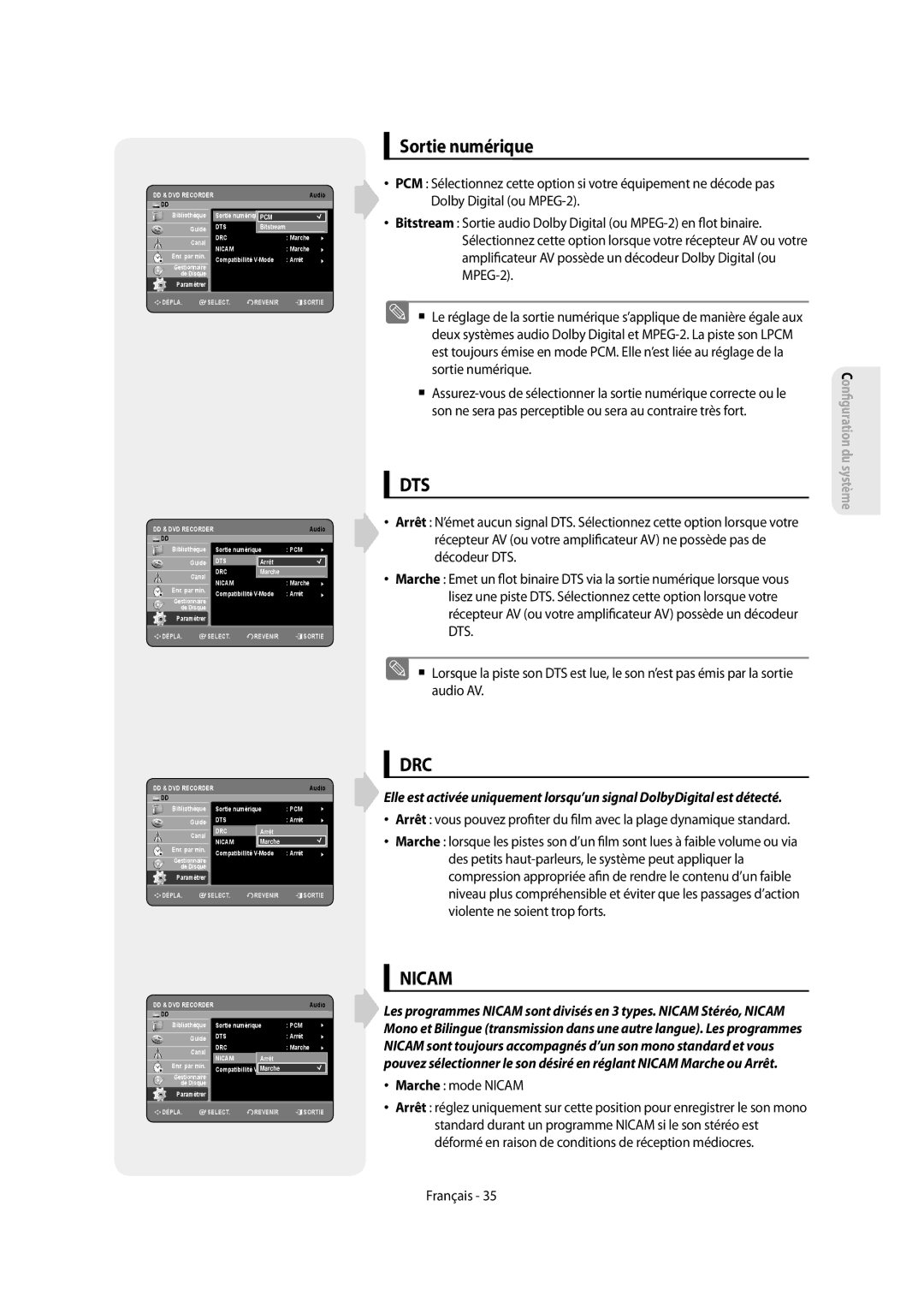 Samsung DVD-SH853/XEF, DVD-SH854/XEF manual Sortie numérique, Violente ne soient trop forts, Marche mode Nicam 