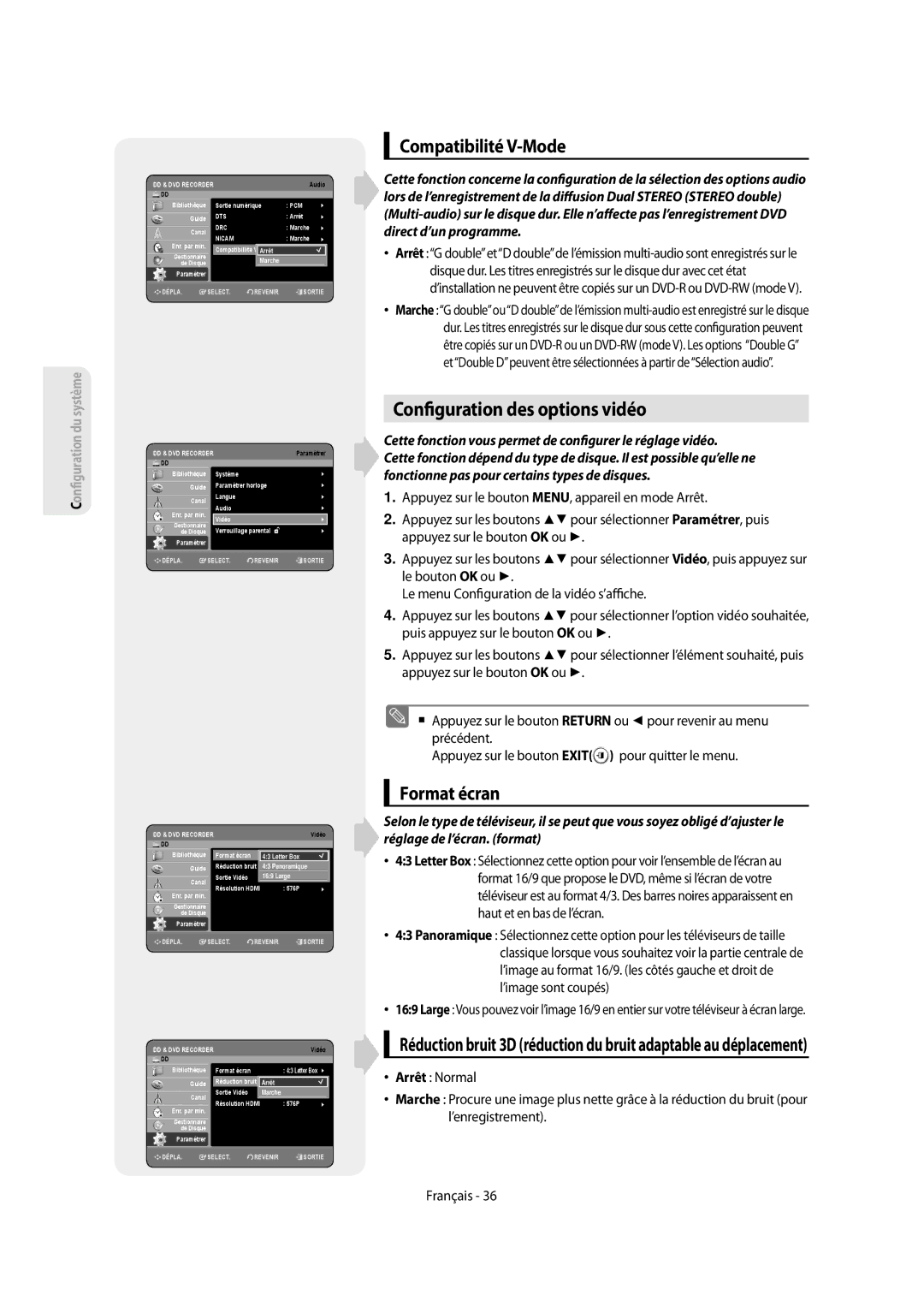 Samsung DVD-SH854/XEF Con guration des options vidéo, Compatibilité V-Mode, Format écran, Arrêt Canal Sortie Vidéo Marche 