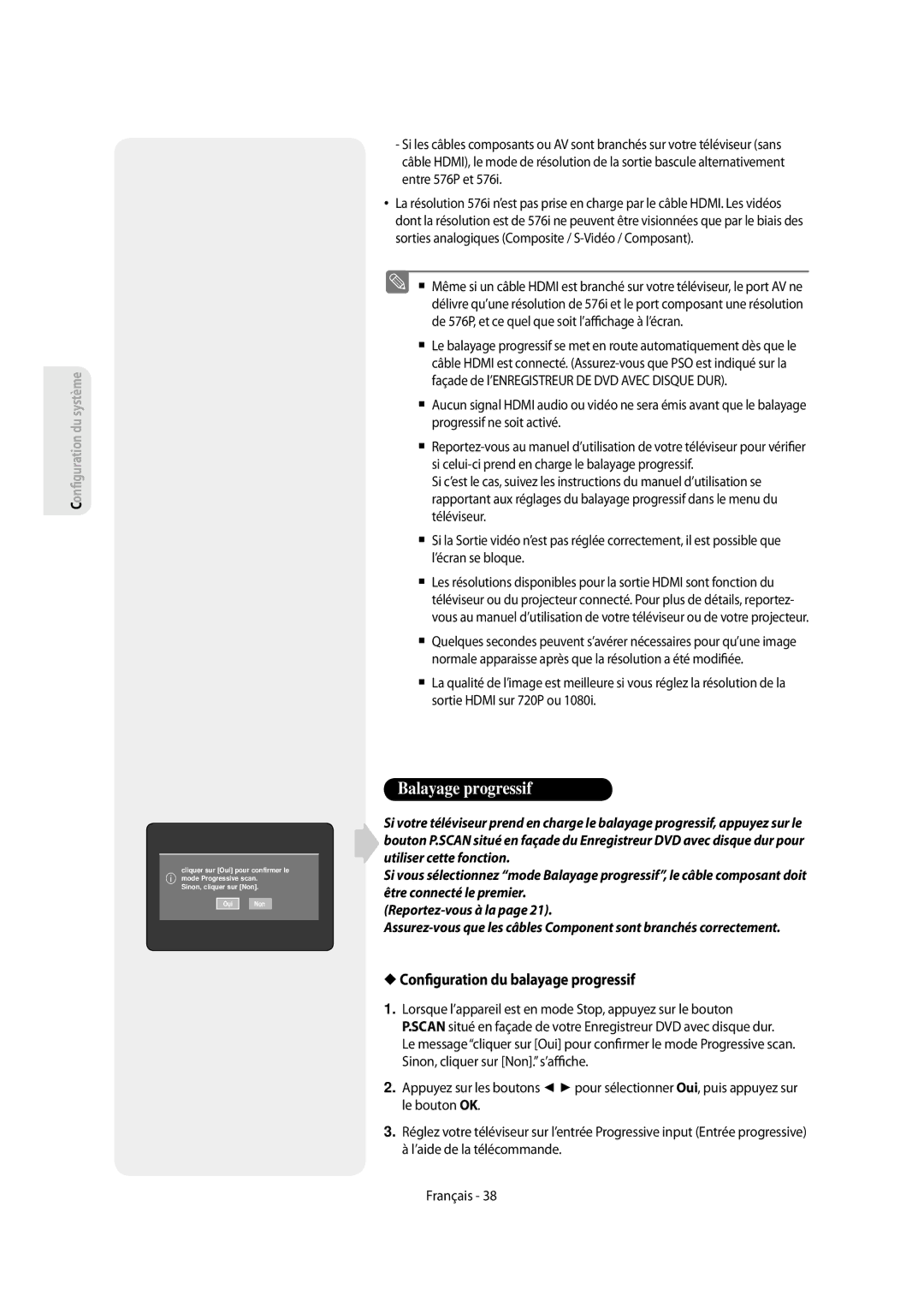 Samsung DVD-SH854/XEF, DVD-SH853/XEF Con guration du balayage progressif, De 576P, et ce quel que soit l’a chage à l’écran 