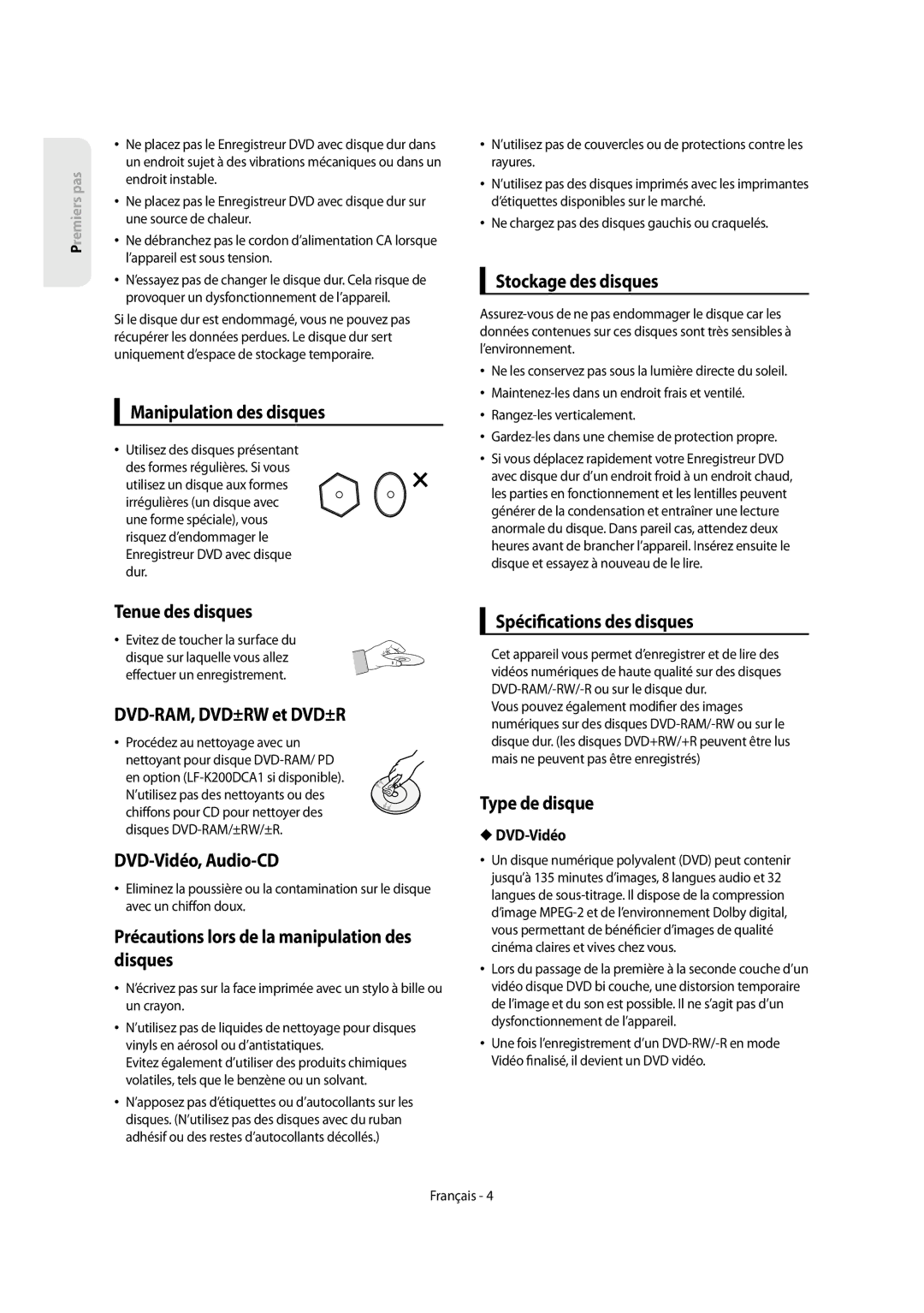 Samsung DVD-SH854/XEF manual Manipulation des disques, Stockage des disques, Tenue des disques, DVD-RAM, DVD±RW et DVD±R 