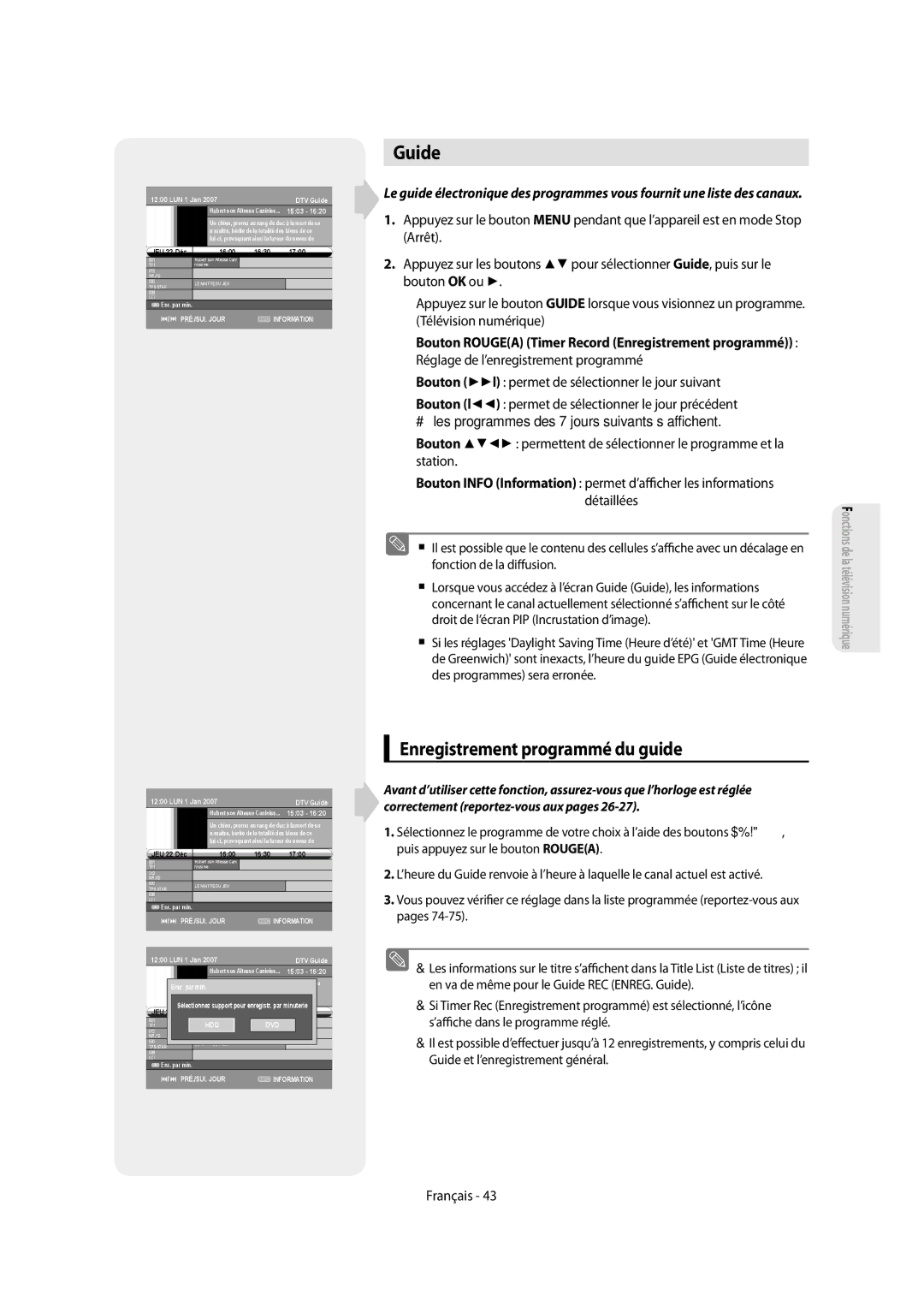 Samsung DVD-SH853/XEF, DVD-SH854/XEF manual Guide, Enregistrement programmé du guide 