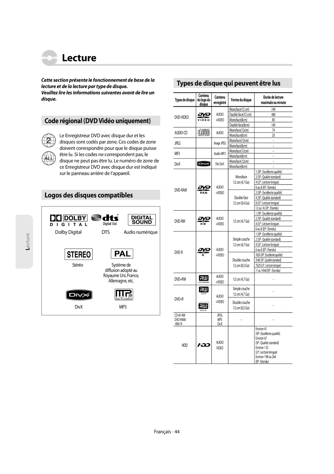 Samsung DVD-SH854/XEF manual Logos des disques compatibles, Types de disque qui peuvent être lus, Dolby Digital, Stéréo 