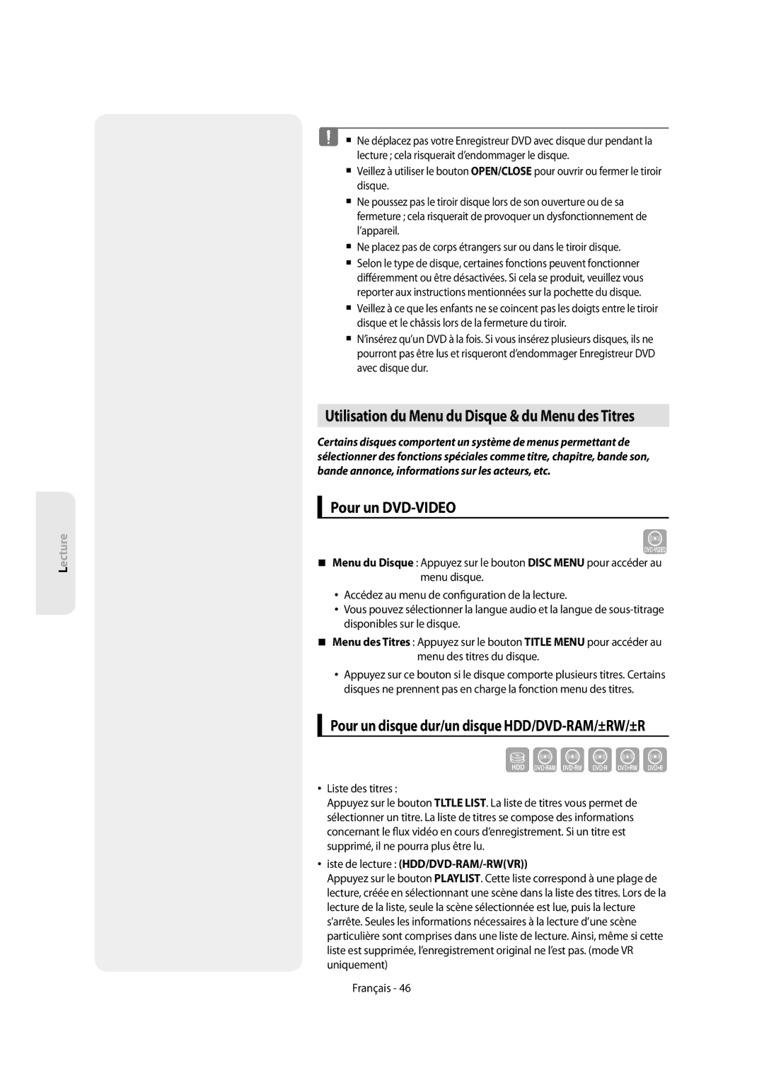 Samsung DVD-SH854/XEF manual Utilisation du Menu du Disque & du Menu des Titres, Pour un DVD-VIDEO, Liste des titres 