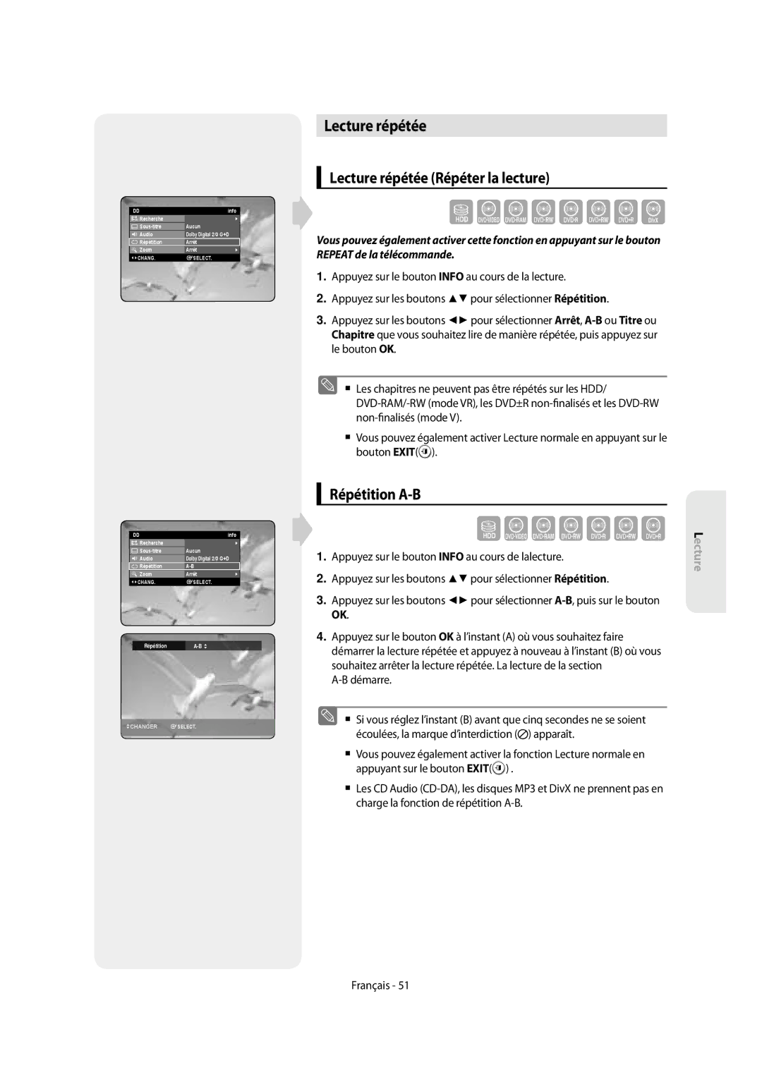 Samsung DVD-SH853/XEF, DVD-SH854/XEF manual Lecture répétée Répéter la lecture, Répétition A-B, Démarre 