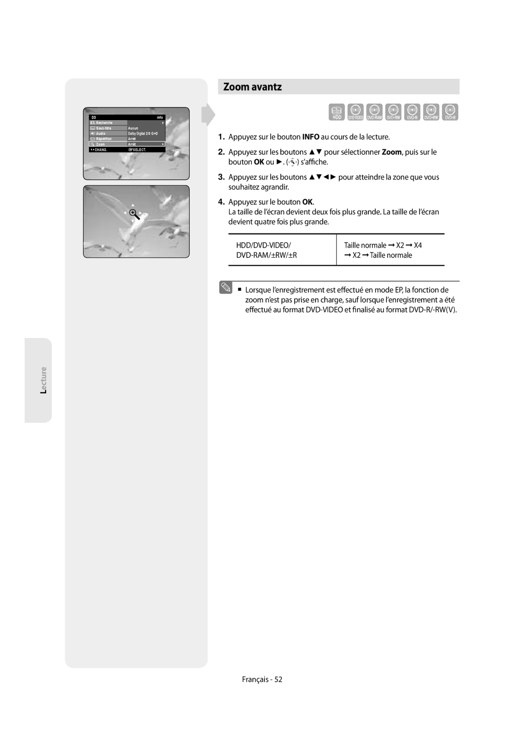 Samsung DVD-SH854/XEF, DVD-SH853/XEF manual Zoom avantz, X2 Taille normale 