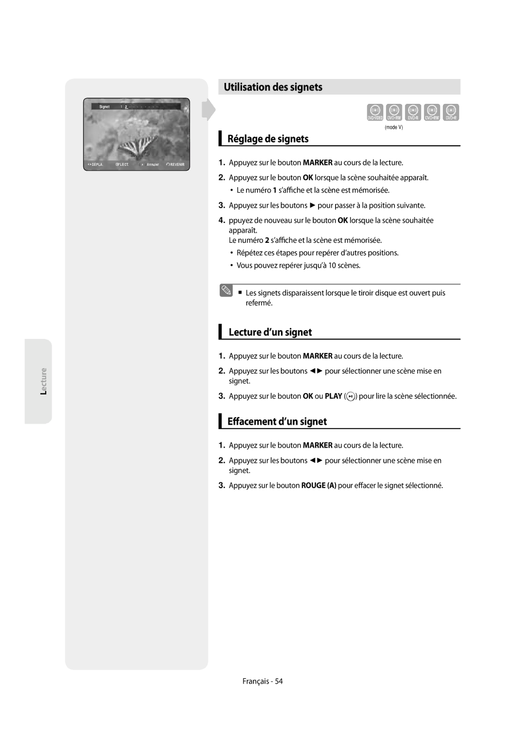 Samsung DVD-SH854/XEF, DVD-SH853/XEF Utilisation des signets, Réglage de signets, Lecture d’un signet, Acement d’un signet 