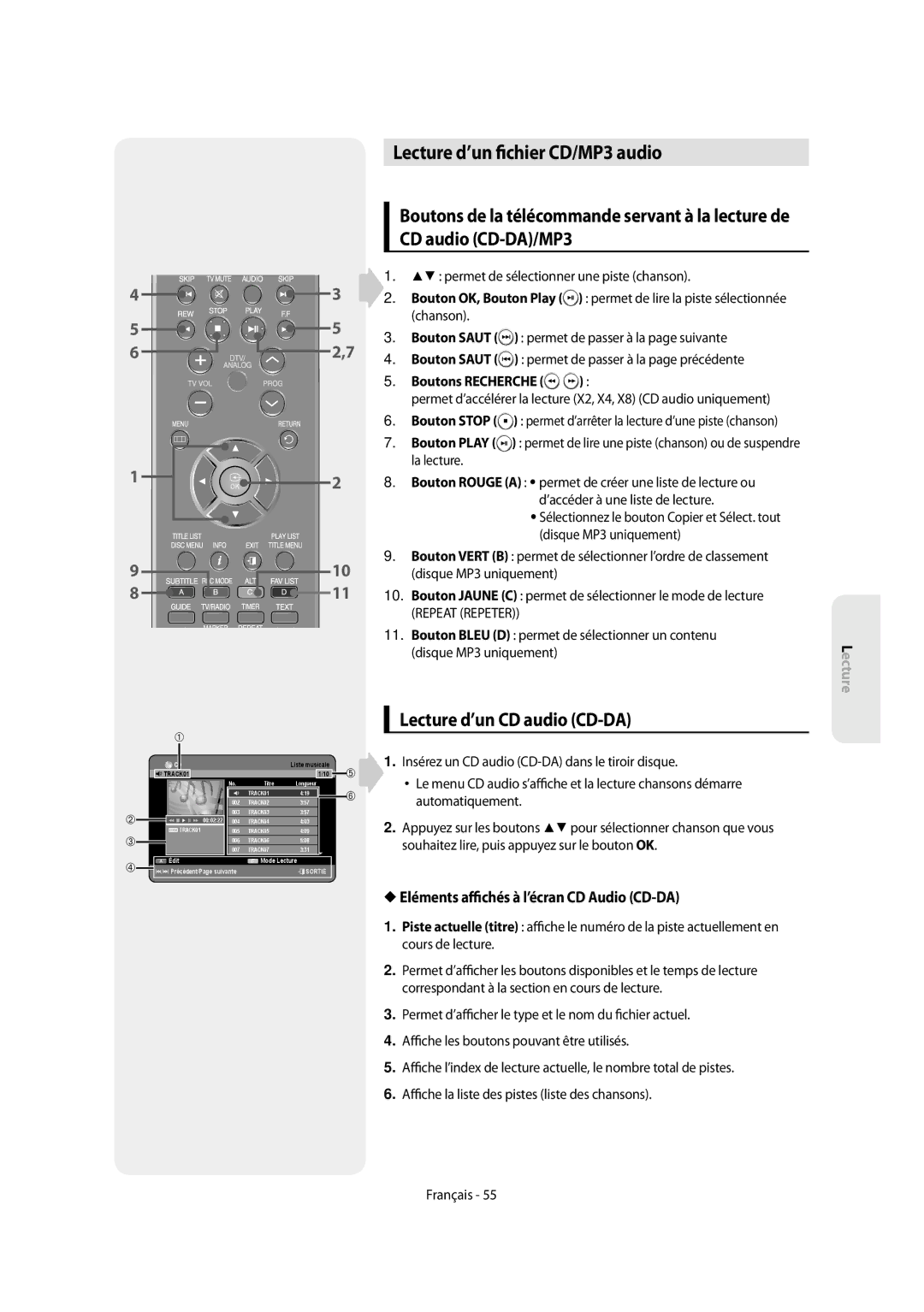 Samsung DVD-SH853/XEF, DVD-SH854/XEF manual Lecture d’un chier CD/MP3 audio, Lecture d’un CD audio CD-DA, CD audio CD-DA/MP3 