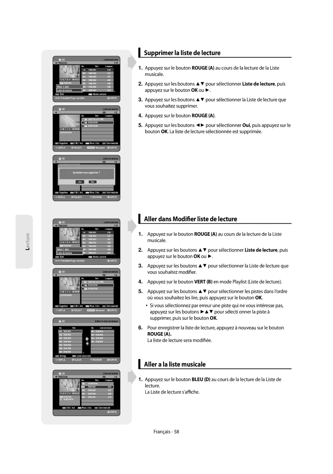 Samsung DVD-SH854/XEF manual Supprimer la liste de lecture, Aller dans Modi er liste de lecture, Aller a la liste musicale 