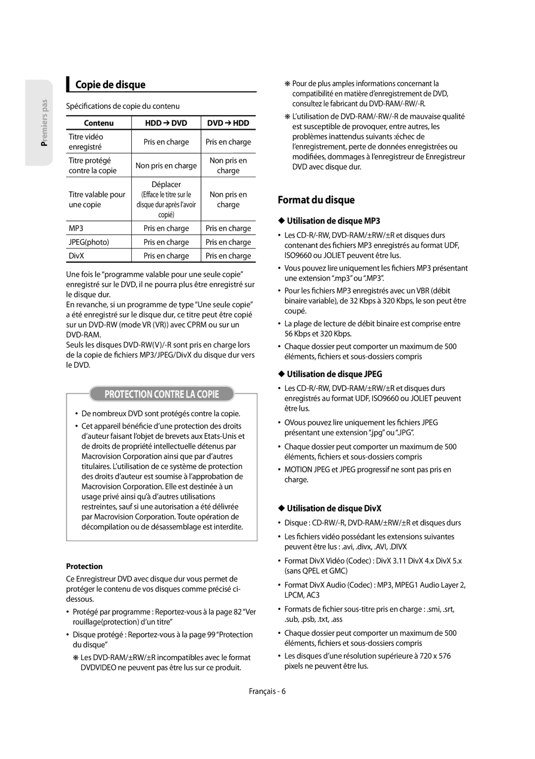 Samsung DVD-SH854/XEF manual Copie de disque, Format du disque, Utilisation de disque MP3, Utilisation de disque Jpeg 