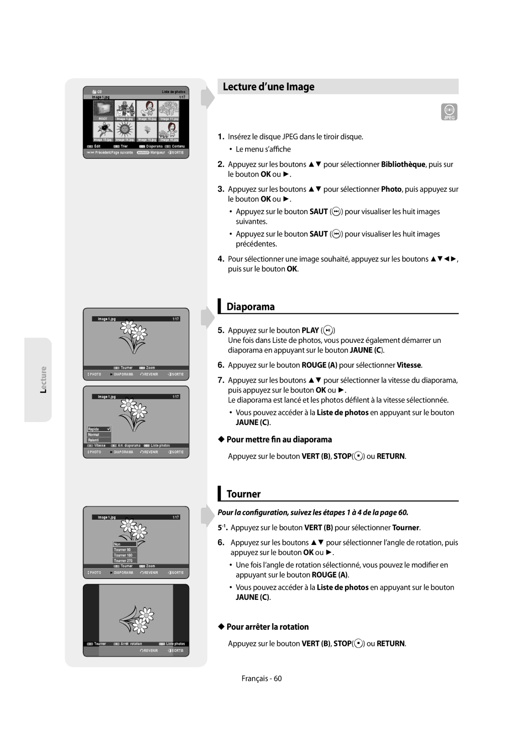 Samsung DVD-SH854/XEF manual Lecture d’une Image, Diaporama, Tourner, Pour mettre n au diaporama, Pour arrêter la rotation 