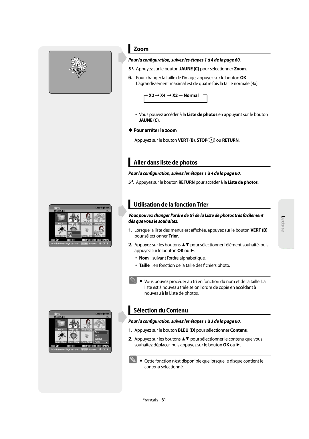 Samsung DVD-SH853/XEF, DVD-SH854/XEF manual Zoom, Aller dans liste de photos, Pour arrêter le zoom, X2 X4 X2 Normal 