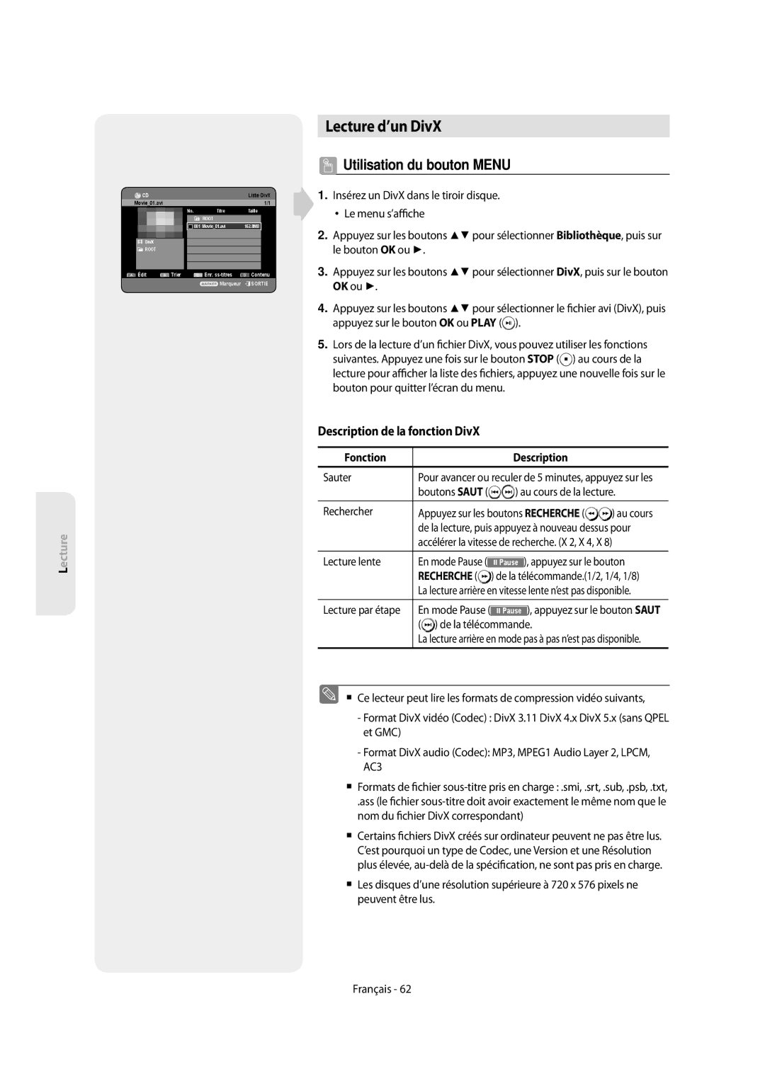 Samsung DVD-SH854/XEF Lecture d’un DivX, Utilisation du bouton Menu, Description de la fonction DivX, Fonction Description 