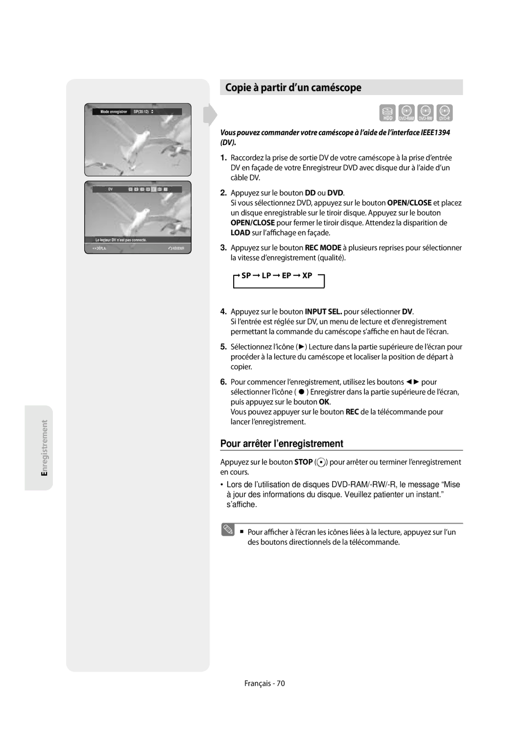 Samsung DVD-SH854/XEF Copie à partir d’un caméscope, Load sur l’a chage en façade, La vitesse d’enregistrement qualité 