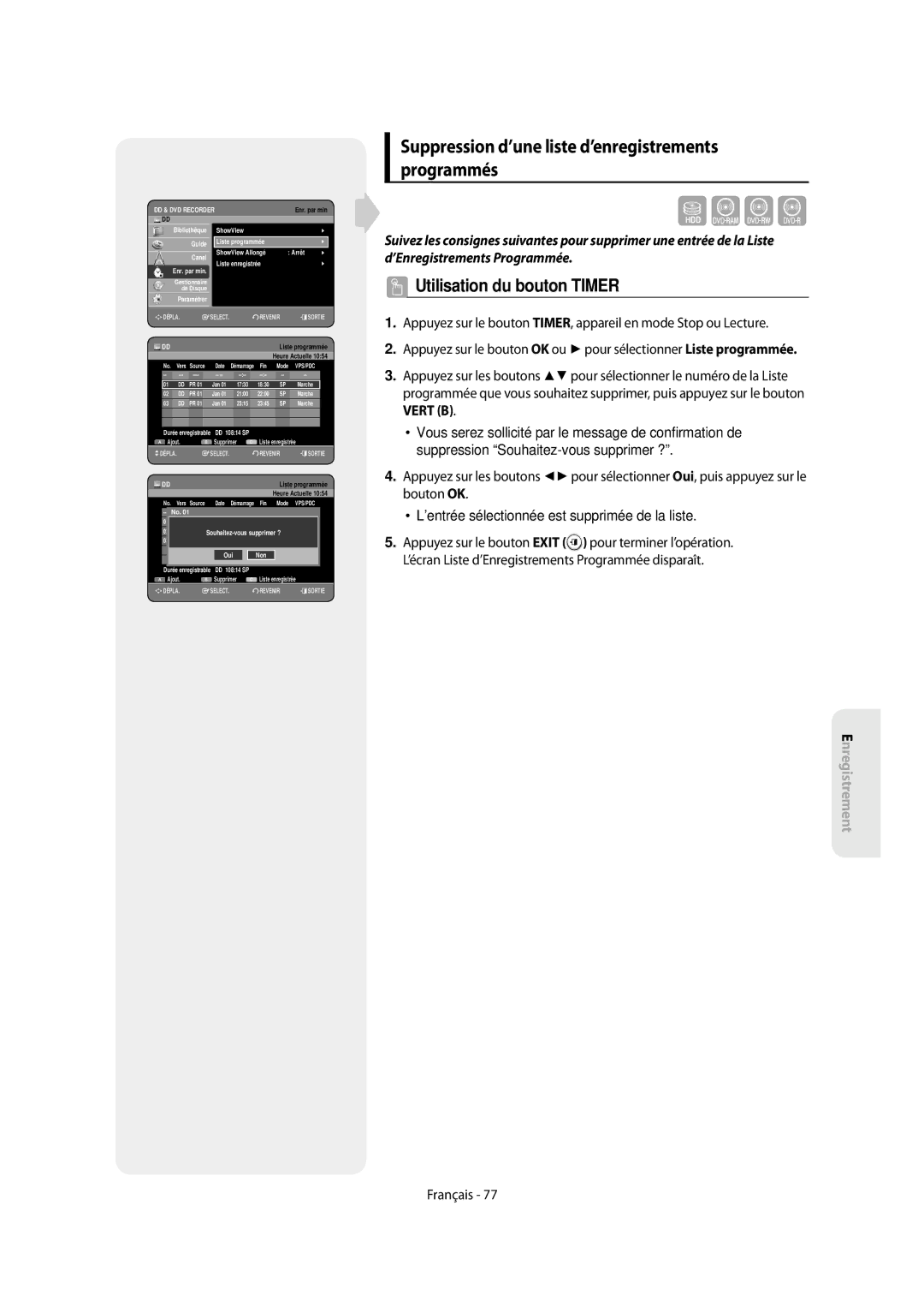 Samsung DVD-SH853/XEF, DVD-SH854/XEF manual Suppression d’une liste d’enregistrements programmés, Oui Non 