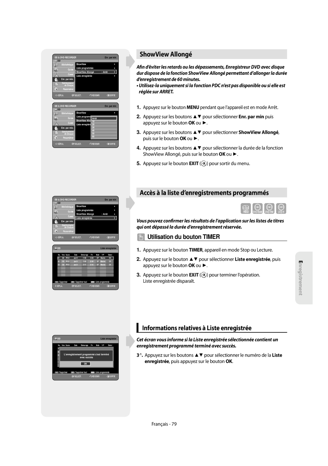 Samsung DVD-SH853/XEF, DVD-SH854/XEF manual ShowView Allongé, Accès à la liste d’enregistrements programmés, Guide 