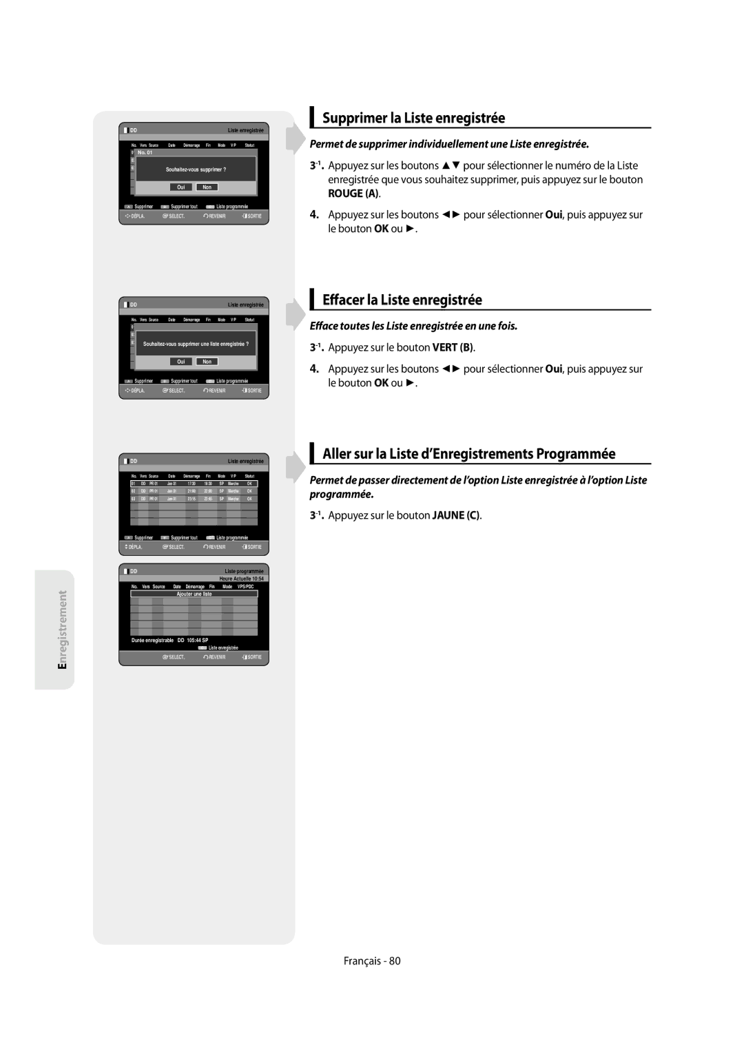 Samsung DVD-SH854/XEF, DVD-SH853/XEF manual Supprimer la Liste enregistrée, Acer la Liste enregistrée 