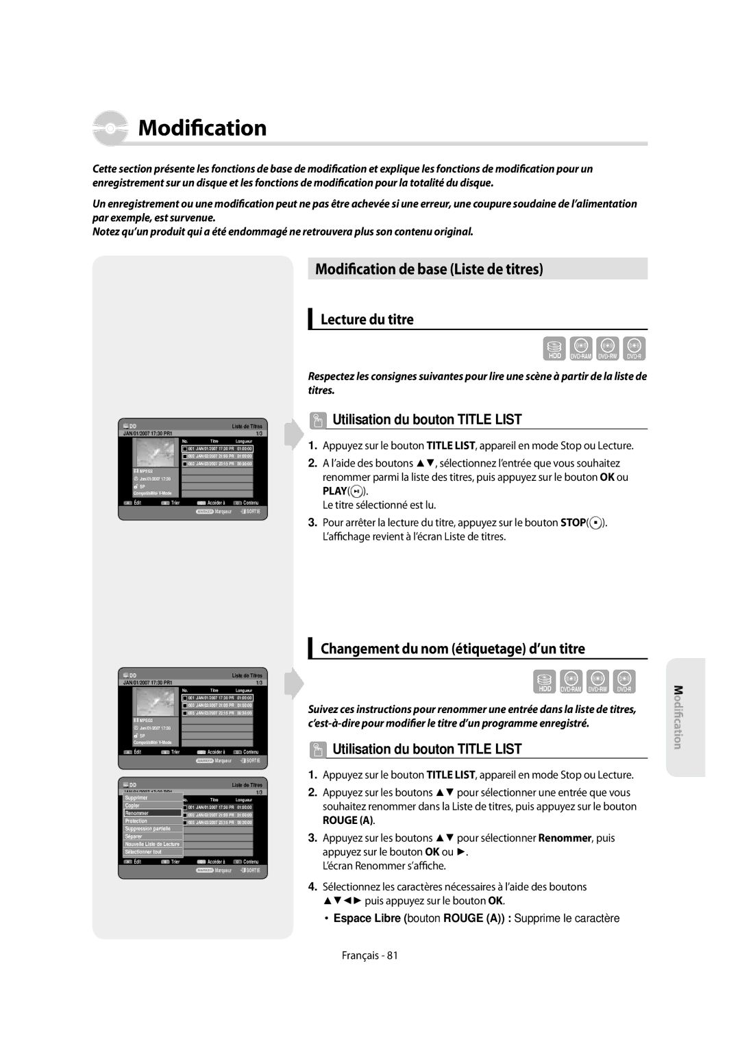 Samsung DVD-SH853/XEF Modi cation de base Liste de titres, Lecture du titre, Changement du nom étiquetage d’un titre, Play 