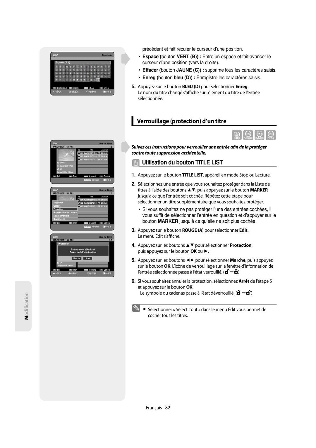 Samsung DVD-SH854/XEF, DVD-SH853/XEF manual Verrouillage protection d’un titre, SportsA1, JAN/02/2007 2100 PR1, Param 