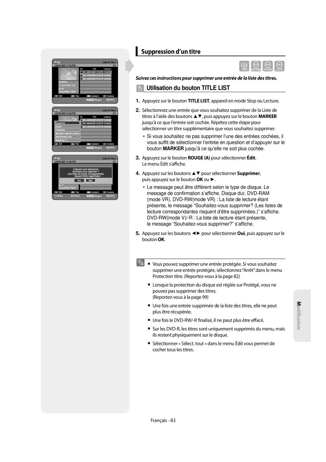 Samsung DVD-SH853/XEF, DVD-SH854/XEF manual Suppression d’un titre, Protection3 MPEG2, Tout 