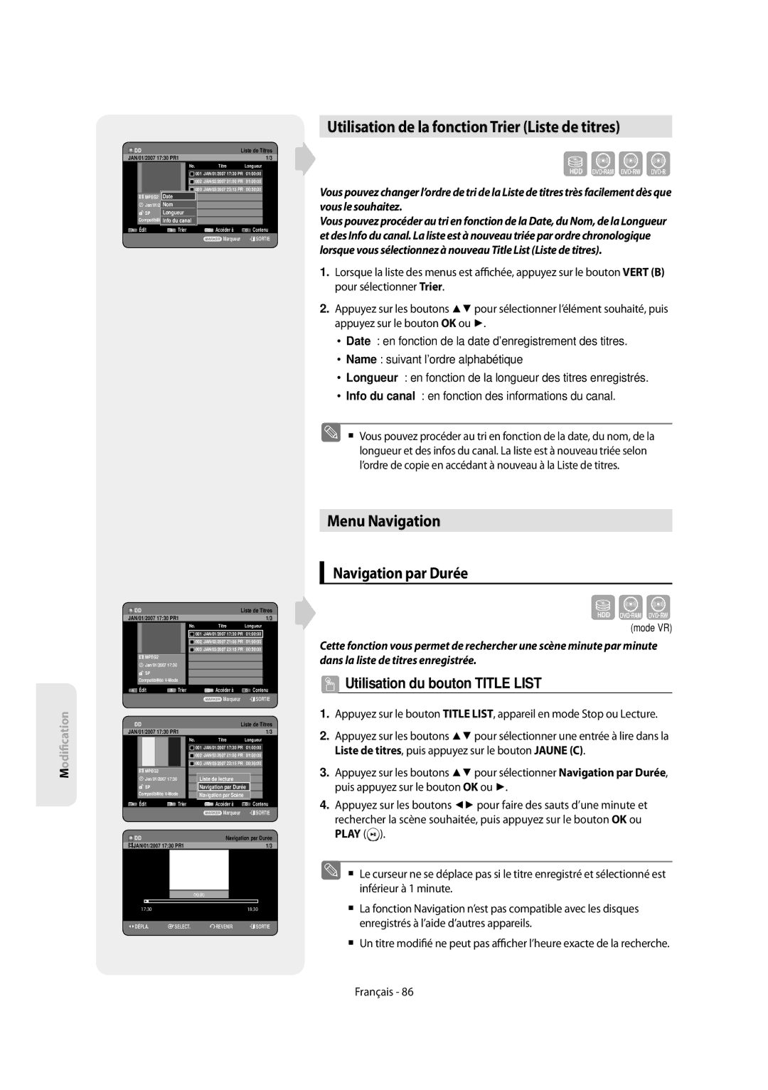 Samsung DVD-SH854/XEF Utilisation de la fonction Trier Liste de titres, Menu Navigation, Navigation par Durée, Longueur 