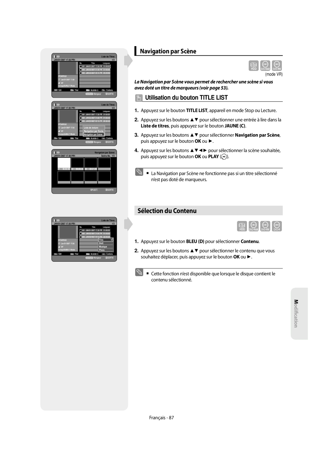 Samsung DVD-SH853/XEF, DVD-SH854/XEF manual Sélection du Contenu, Navigation par Scène, Scène No /3, 01 000005 02 000035 03 