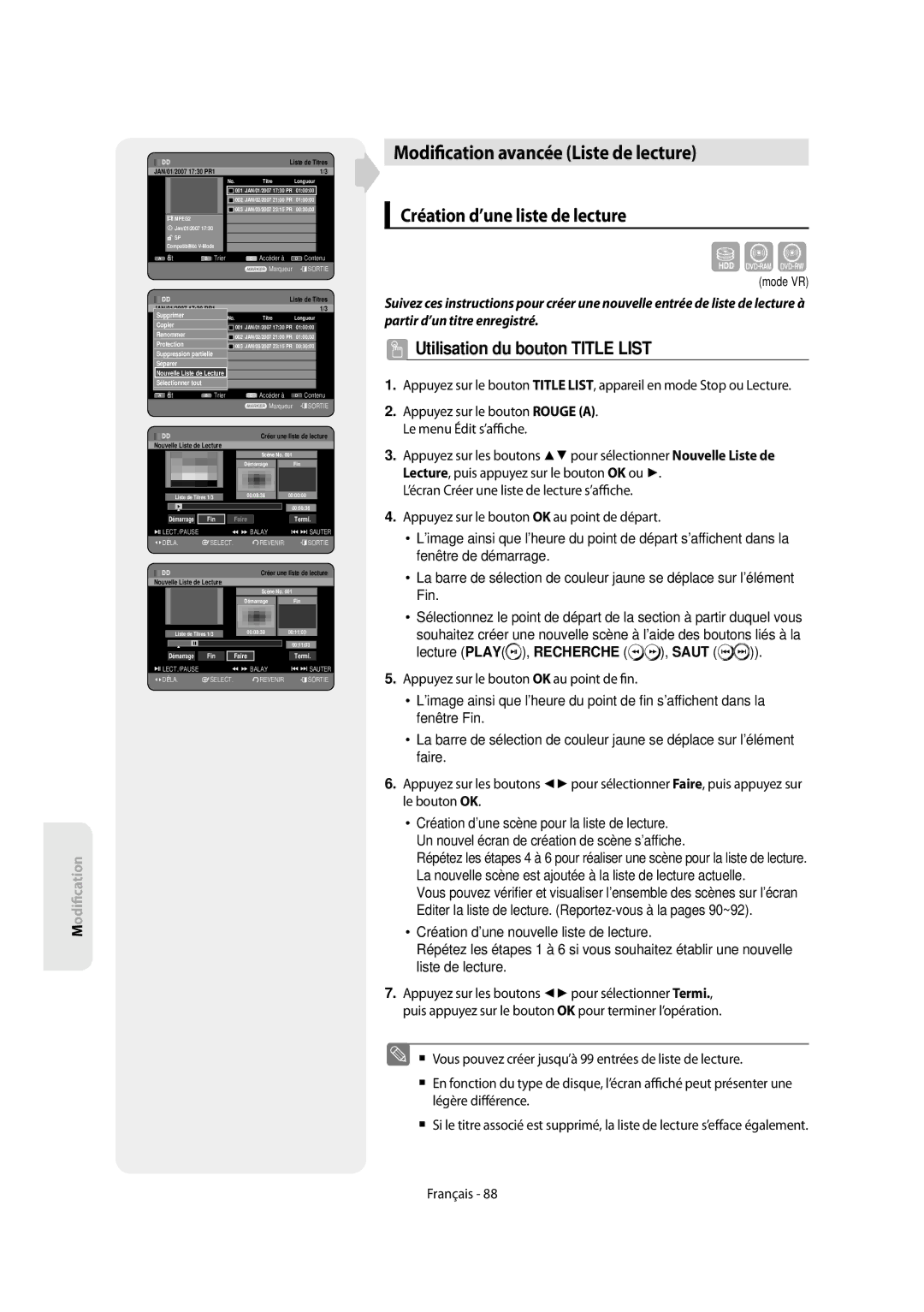 Samsung DVD-SH854/XEF Modi cation avancée Liste de lecture, Création d’une liste de lecture, Nouvelle Liste de Lecture 