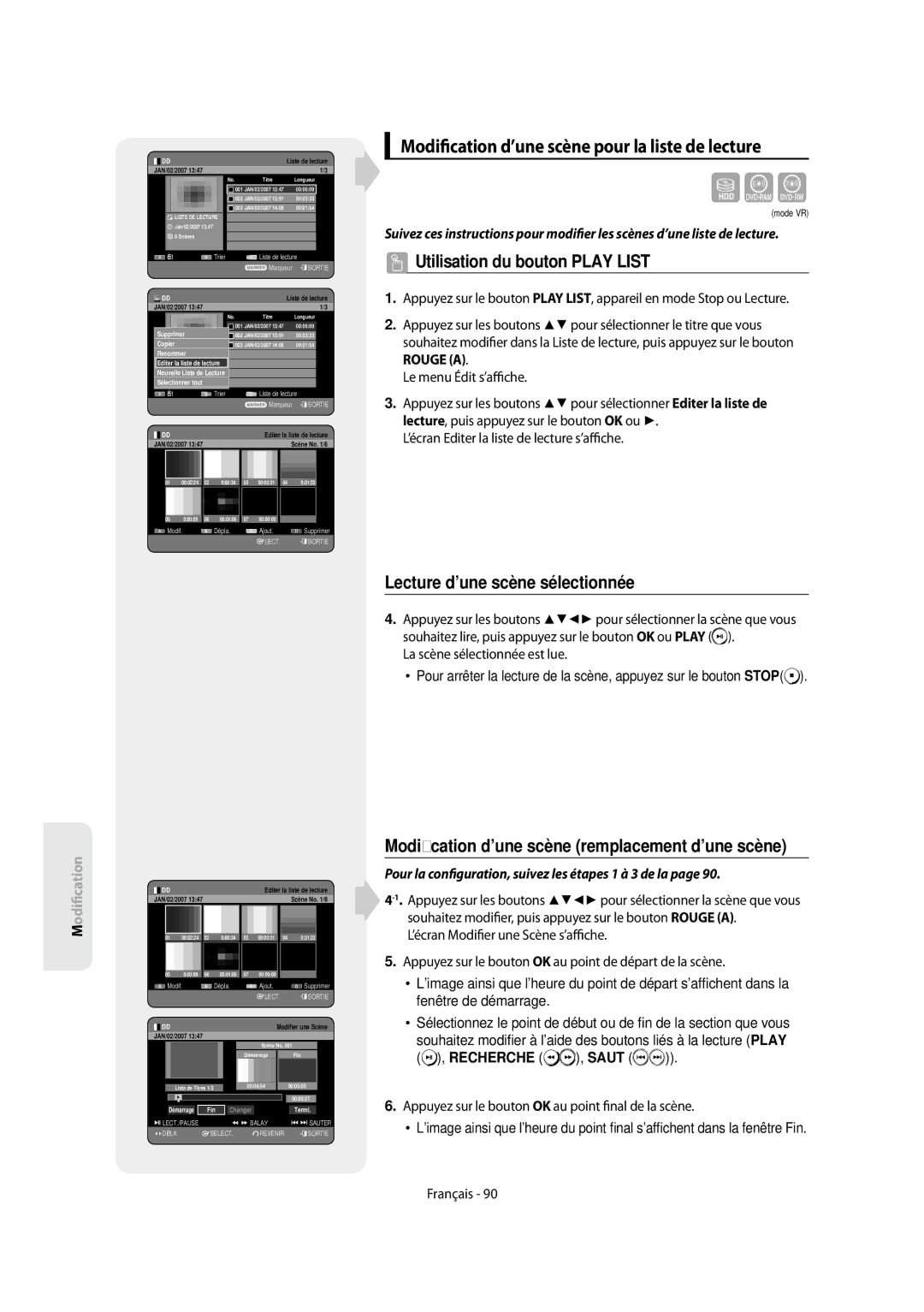 Samsung DVD-SH854/XEF, DVD-SH853/XEF Modi cation d’une scène pour la liste de lecture, Lecture d’une scène sélectionnée 