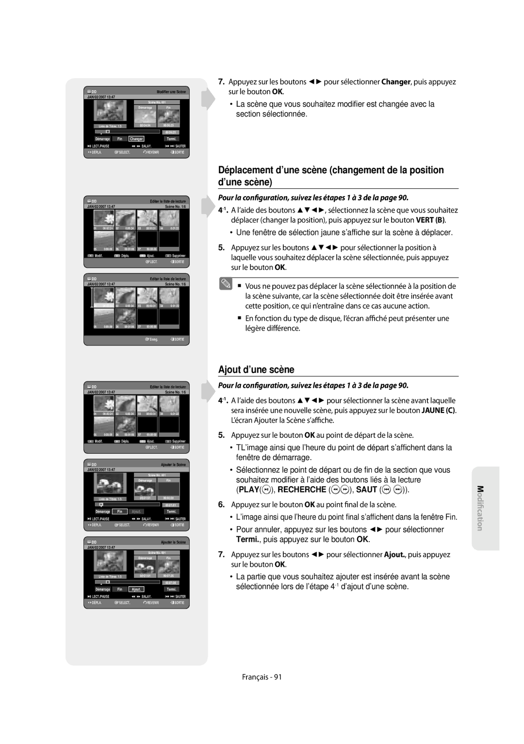 Samsung DVD-SH853/XEF, DVD-SH854/XEF manual Ajout d’une scène, Appuyez sur le bouton OK au point nal de la scène 