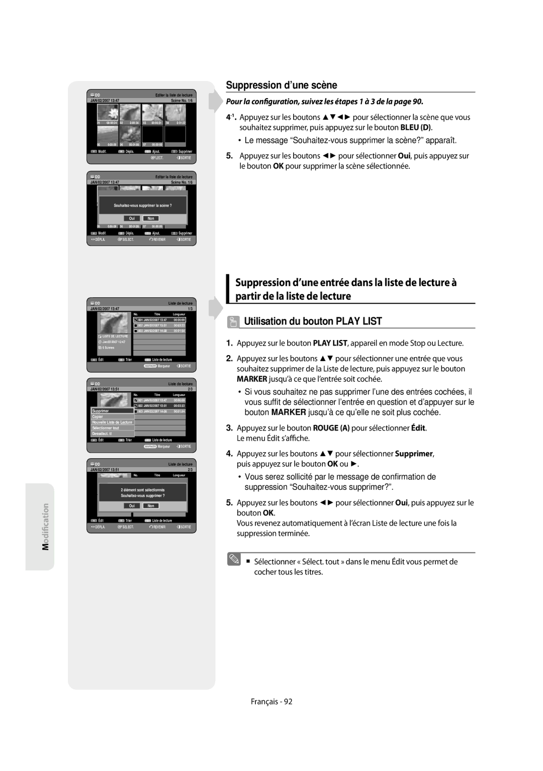 Samsung DVD-SH854/XEF, DVD-SH853/XEF manual Suppression d’une scène, Souhaitez-vous supprimer ? i Liste DE Lecture 