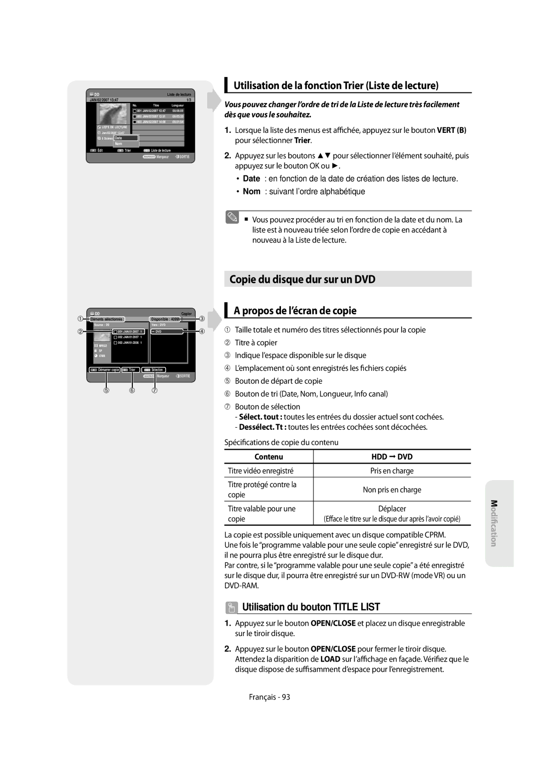 Samsung DVD-SH853/XEF, DVD-SH854/XEF Copie du disque dur sur un DVD, Utilisation de la fonction Trier Liste de lecture 