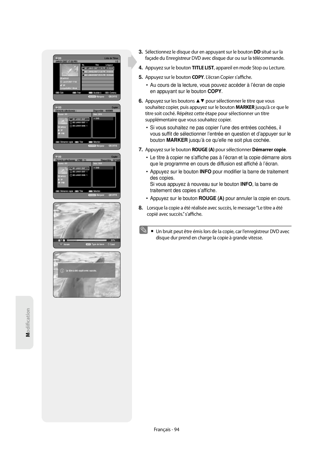 Samsung DVD-SH854/XEF, DVD-SH853/XEF manual 21%, Le titre a été copié avec succès 