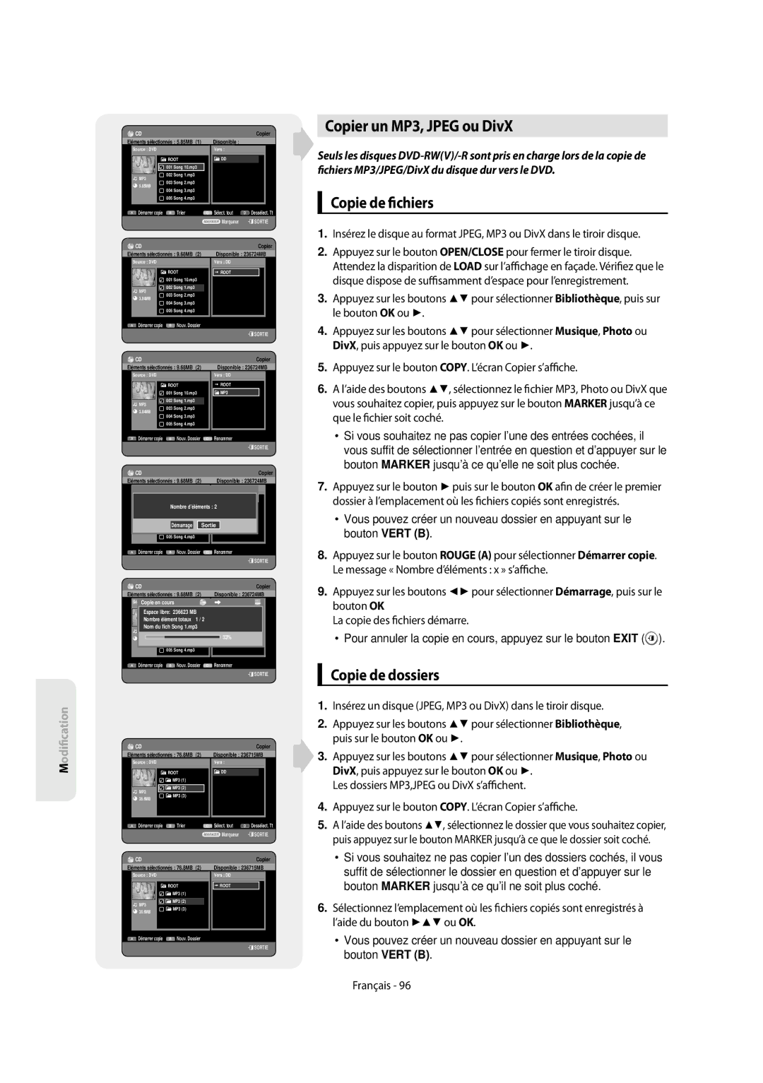 Samsung DVD-SH854/XEF, DVD-SH853/XEF manual Copier un MP3, Jpeg ou DivX, Copie de chiers, Copie de dossiers 