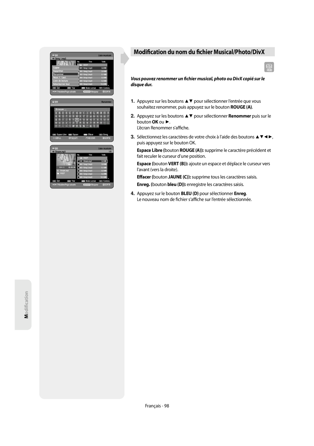 Samsung DVD-SH854/XEF, DVD-SH853/XEF manual Modi cation du nom du chier Musical/Photo/DivX, Song 1.mp3, Dream 