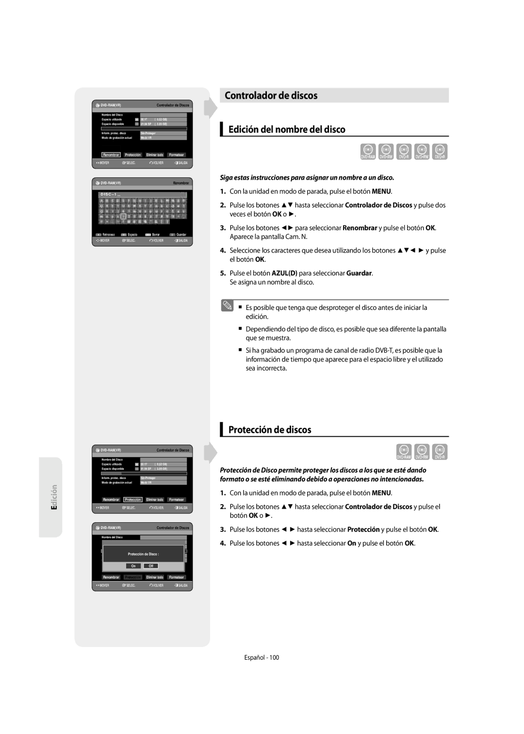 Samsung DVD-SH855/XEC manual Xcvkl, Controlador de discos, Edición del nombre del disco, Protección de discos 