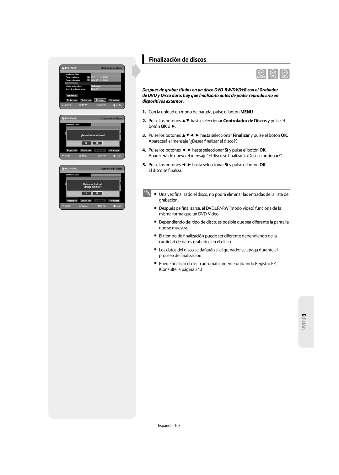 Samsung DVD-SH855/XEC manual Cvl, Finalización de discos 