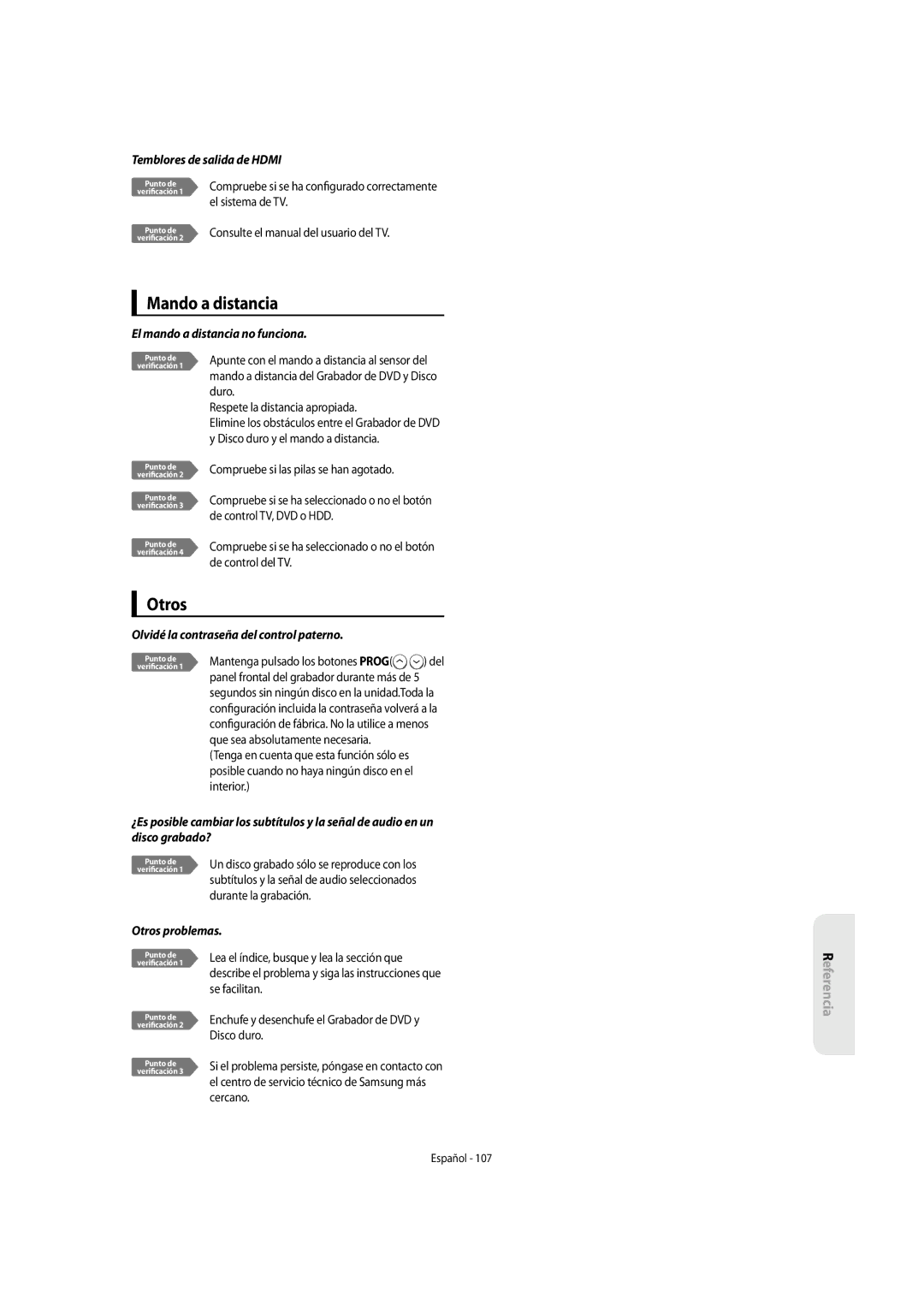 Samsung DVD-SH855/XEC manual Mando a distancia, Otros, Temblores de salida de Hdmi, El mando a distancia no funciona 