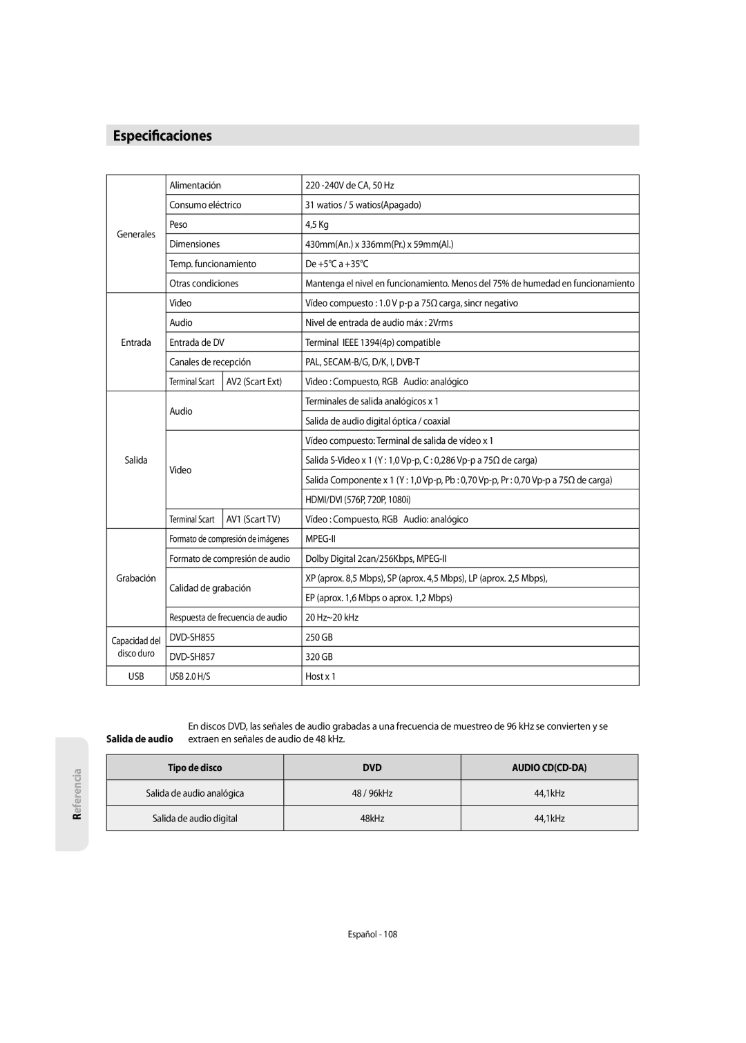 Samsung DVD-SH855/XEC manual Especi caciones, Tipo de disco, DVD Audio CDCD-DA 