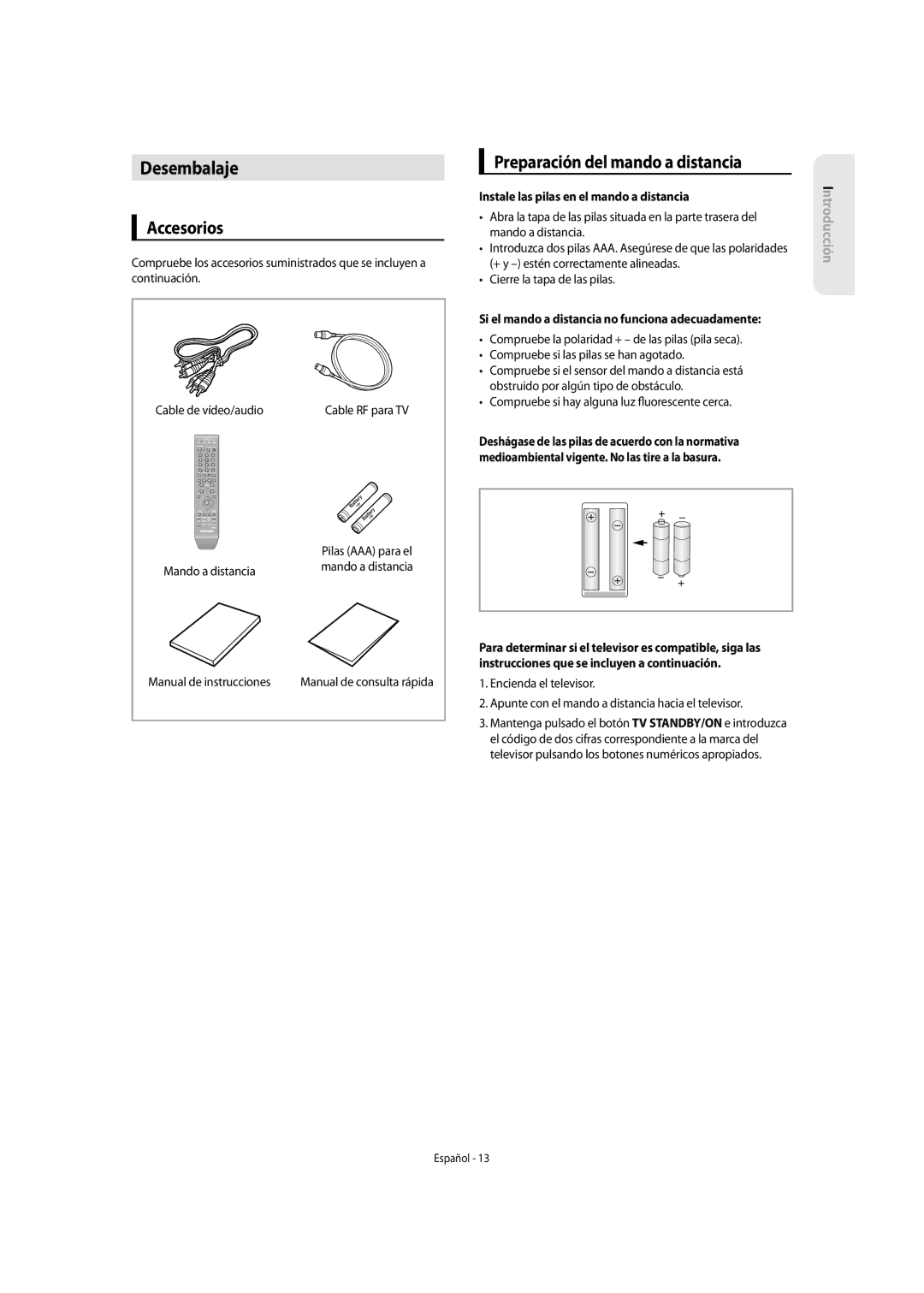 Samsung DVD-SH855/XEC manual Desembalaje, Accesorios, Preparación del mando a distancia 